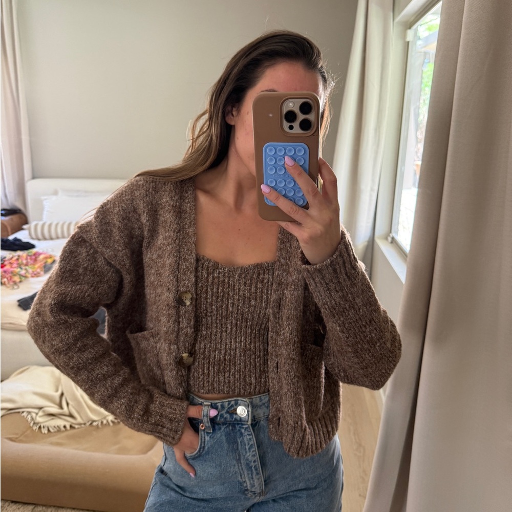 Zara Brown Cardigan Sweater Set with Relaxed Fit
